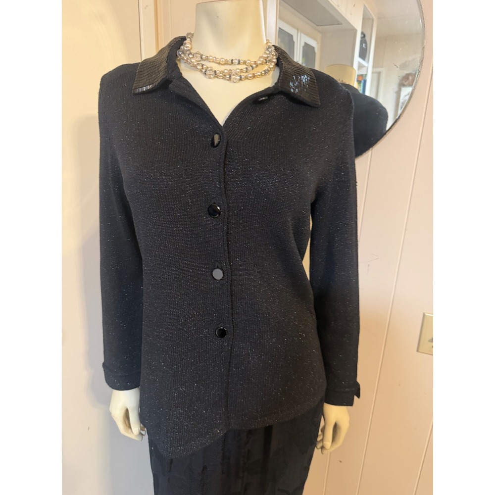 Doncaster Luxury Sparkly Tight Knit Beaded Collar Black Wool Blend Cardigan 8